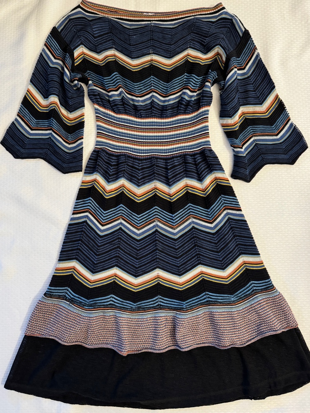 M Missoni Italy Crochet Knit Chevron Dress Cotton Blend Blue Fit Flare S 4/6